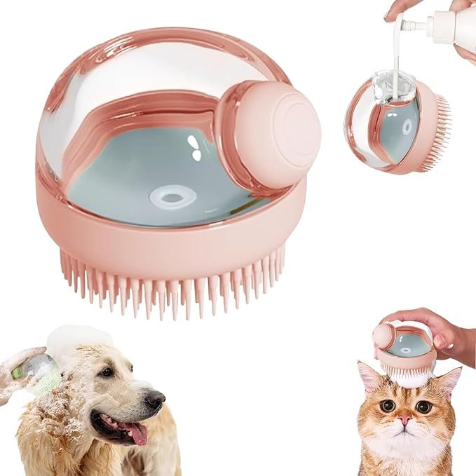 Soft Silicone Bristle Dog Brush With Soap Dispenser For Dog Grooming And Massage - Pink