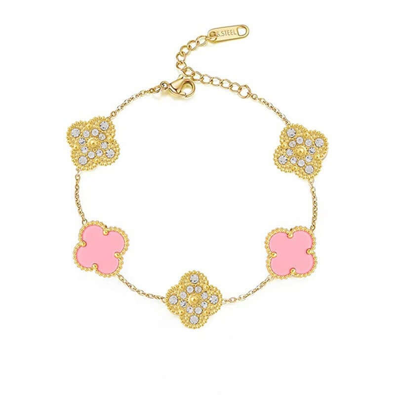 18k-titanium-pink-three-diamond-steel-gold-plated-five-leaf-clover-bracelet