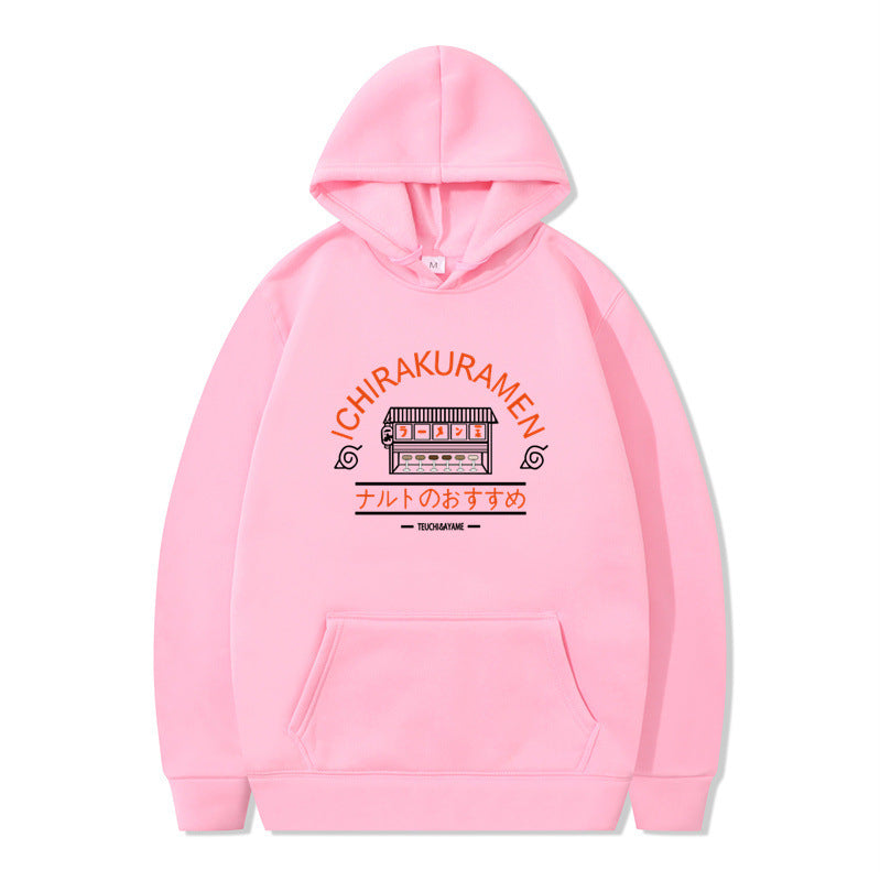 Naruto-themed-ramen-shop-pink-hooded-sweatshirt