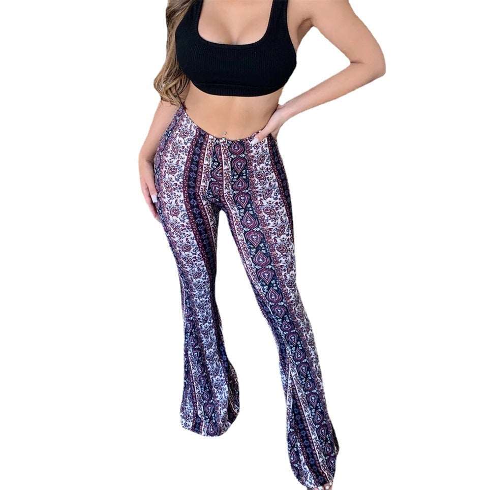 New Women's high-elastic tight-fitting micro-flare sexy printed trousers