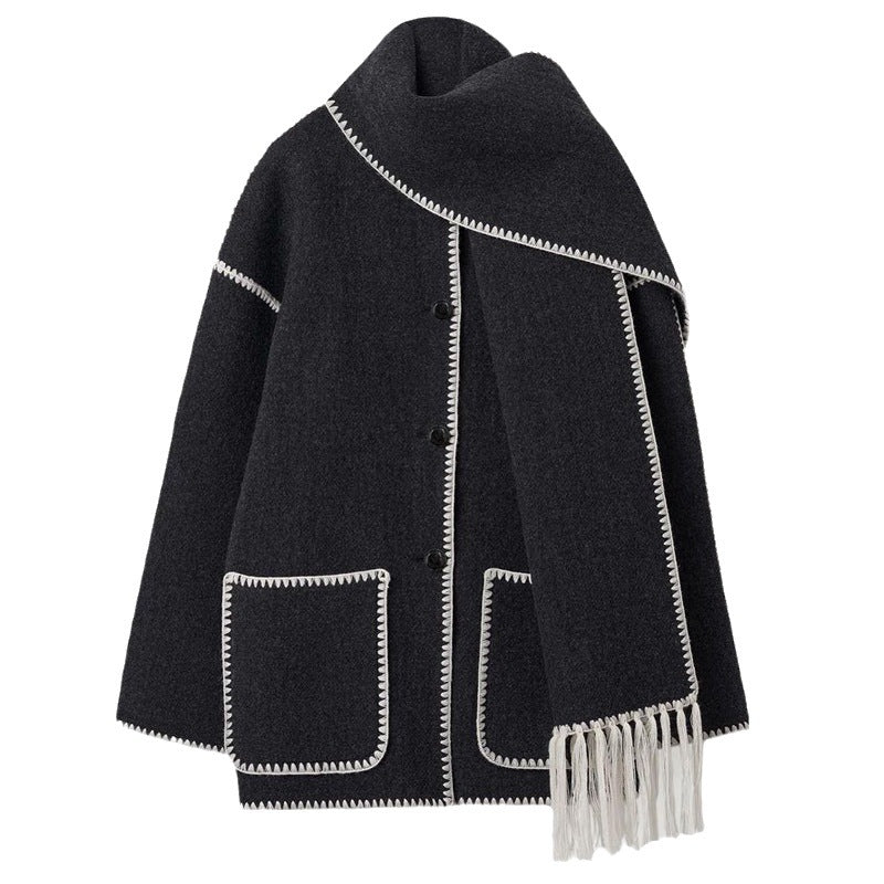 New fashion woolen jacket thickened loose with scarf tassels for women