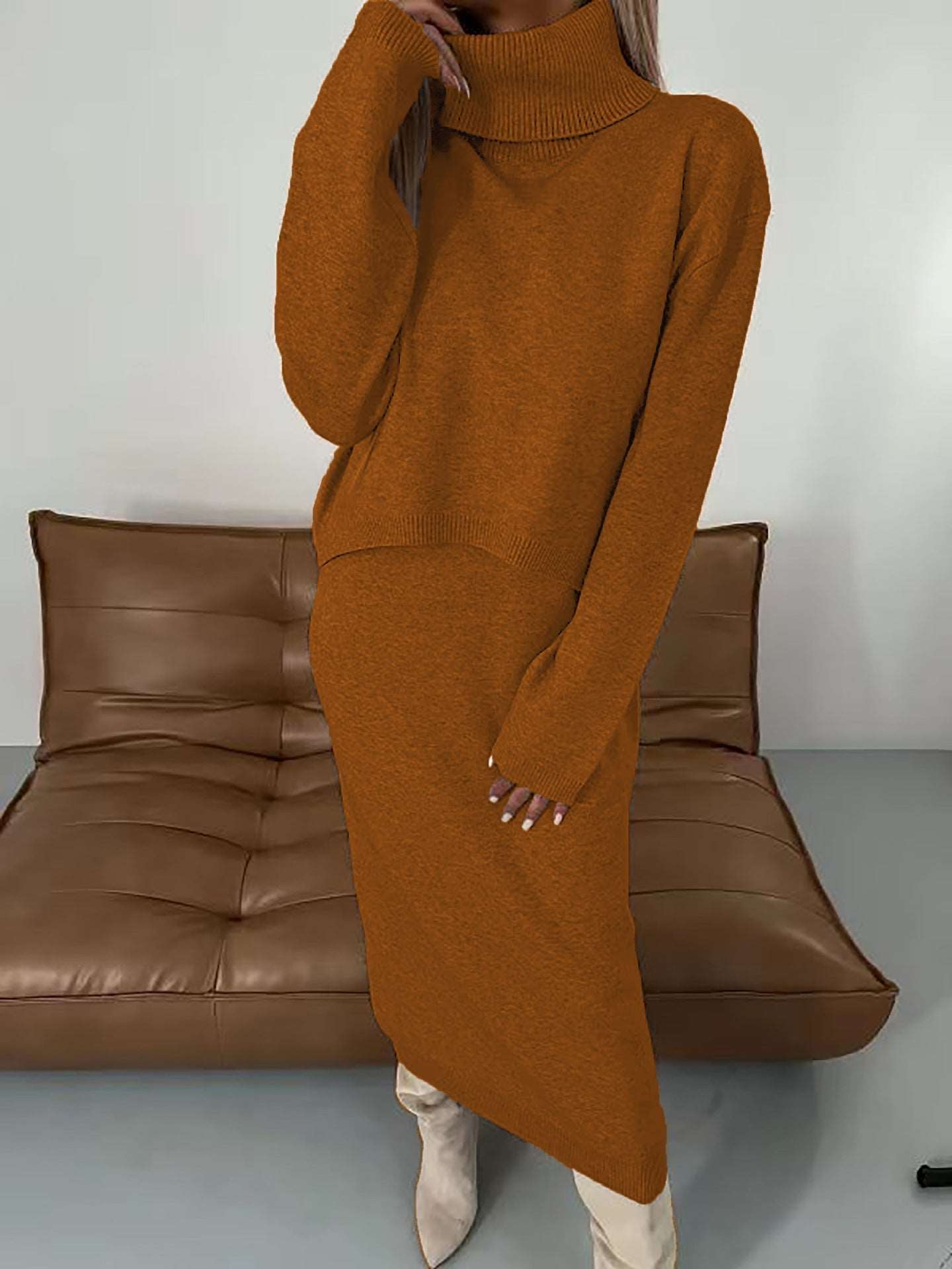 -piece set sweater turtleneck long dress