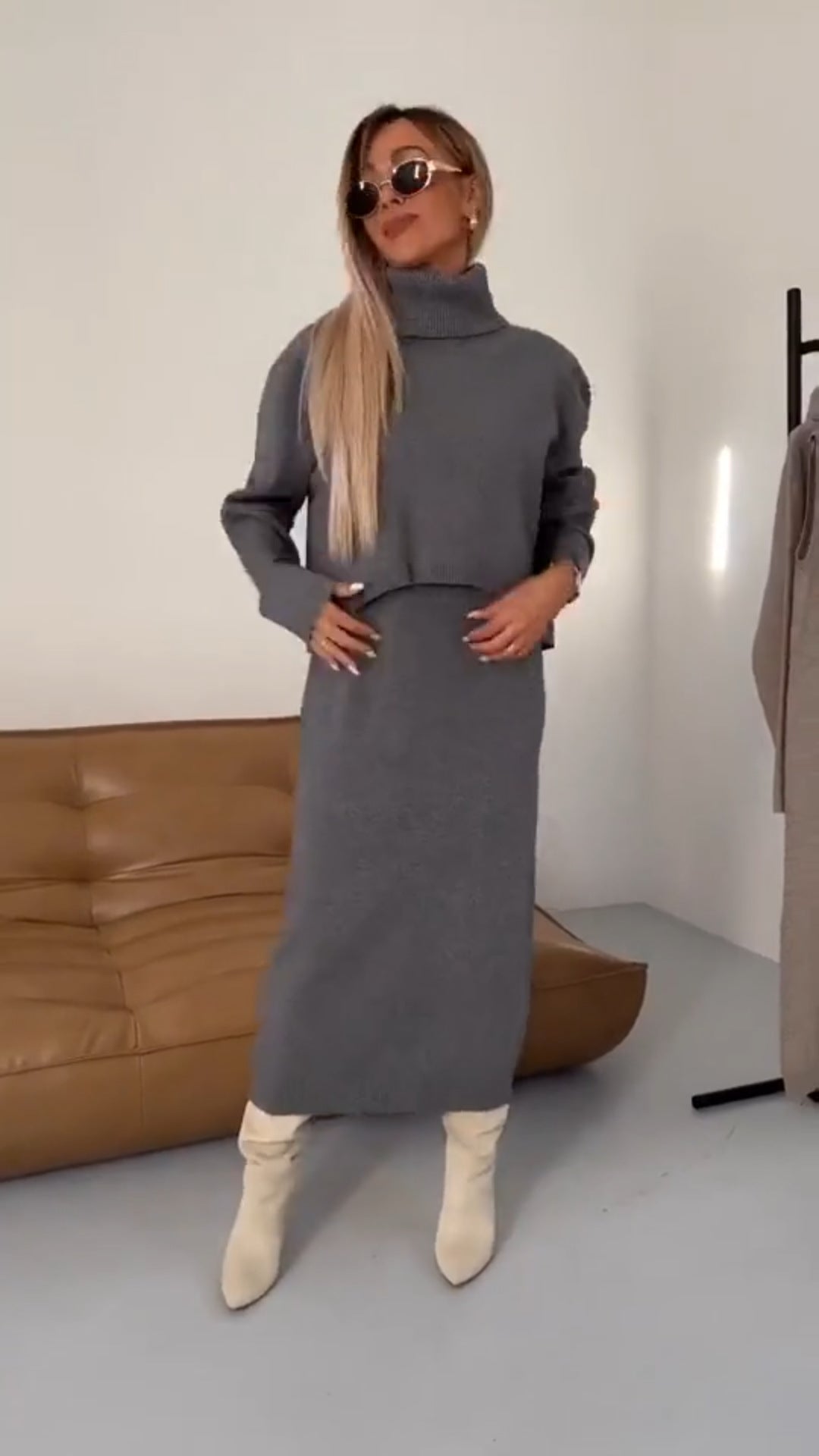 -piece set sweater turtleneck long dress