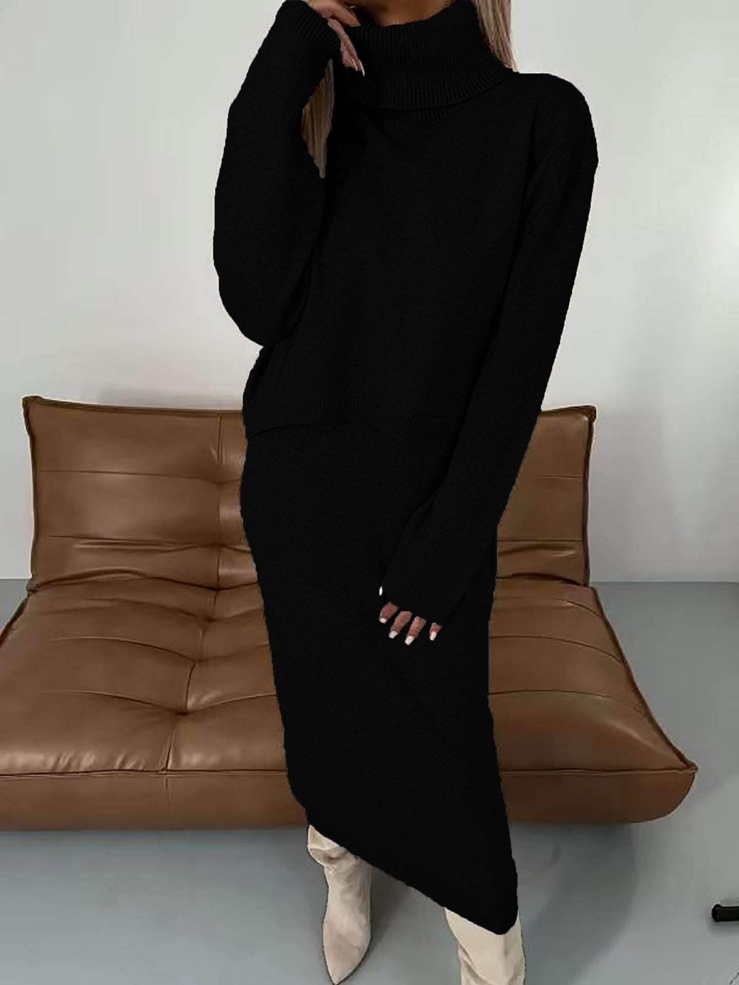 -piece set sweater turtleneck long dress