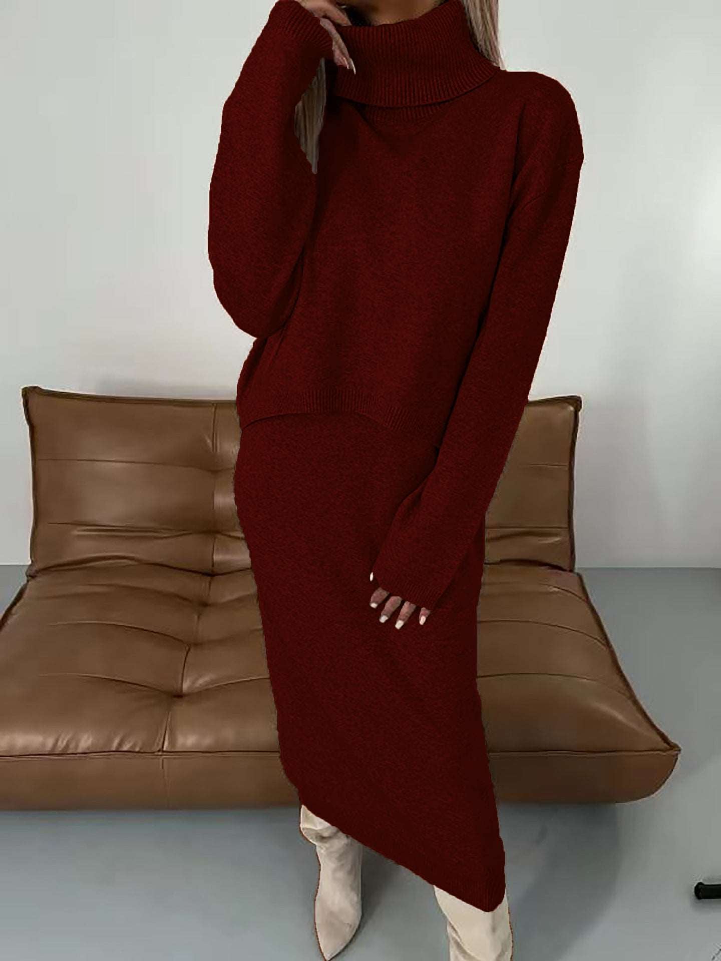 -piece set sweater turtleneck long dress