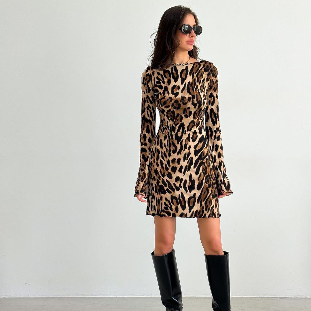 Women's sexy backless leopard print dress