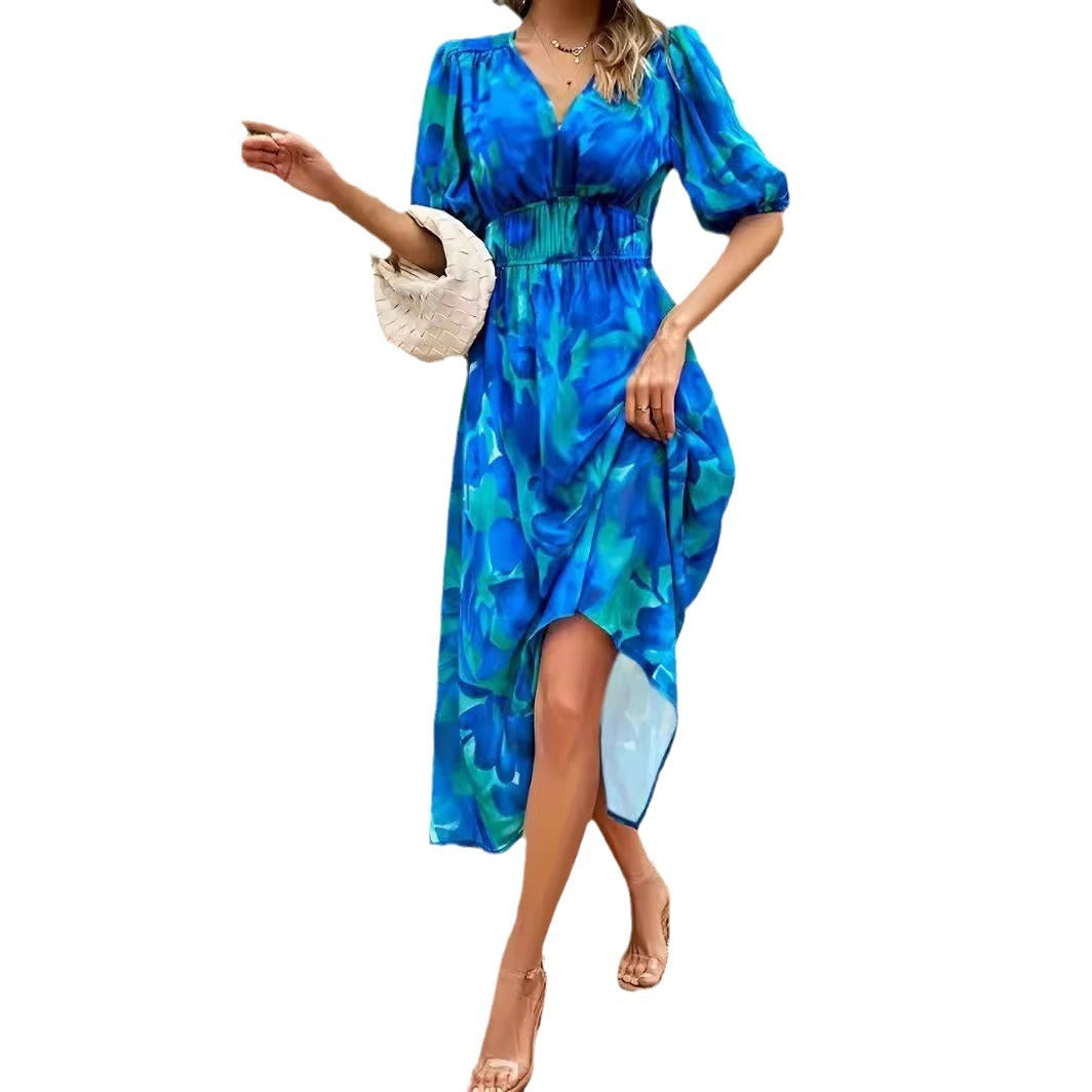 Women's Boho V Neck Casual Midi Dress Watercolour