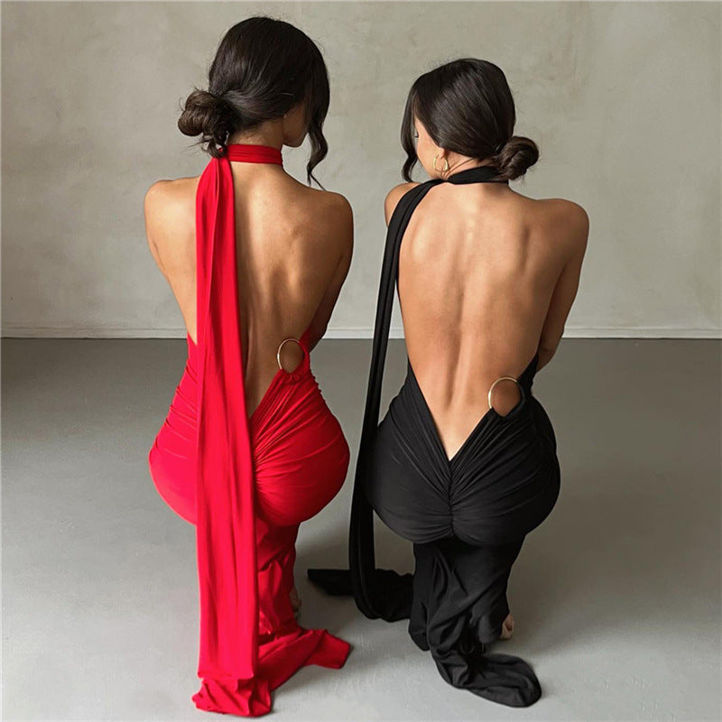 Shoulder Backless Maxi Dress Women Gown Summer Back Strap Sleeveless