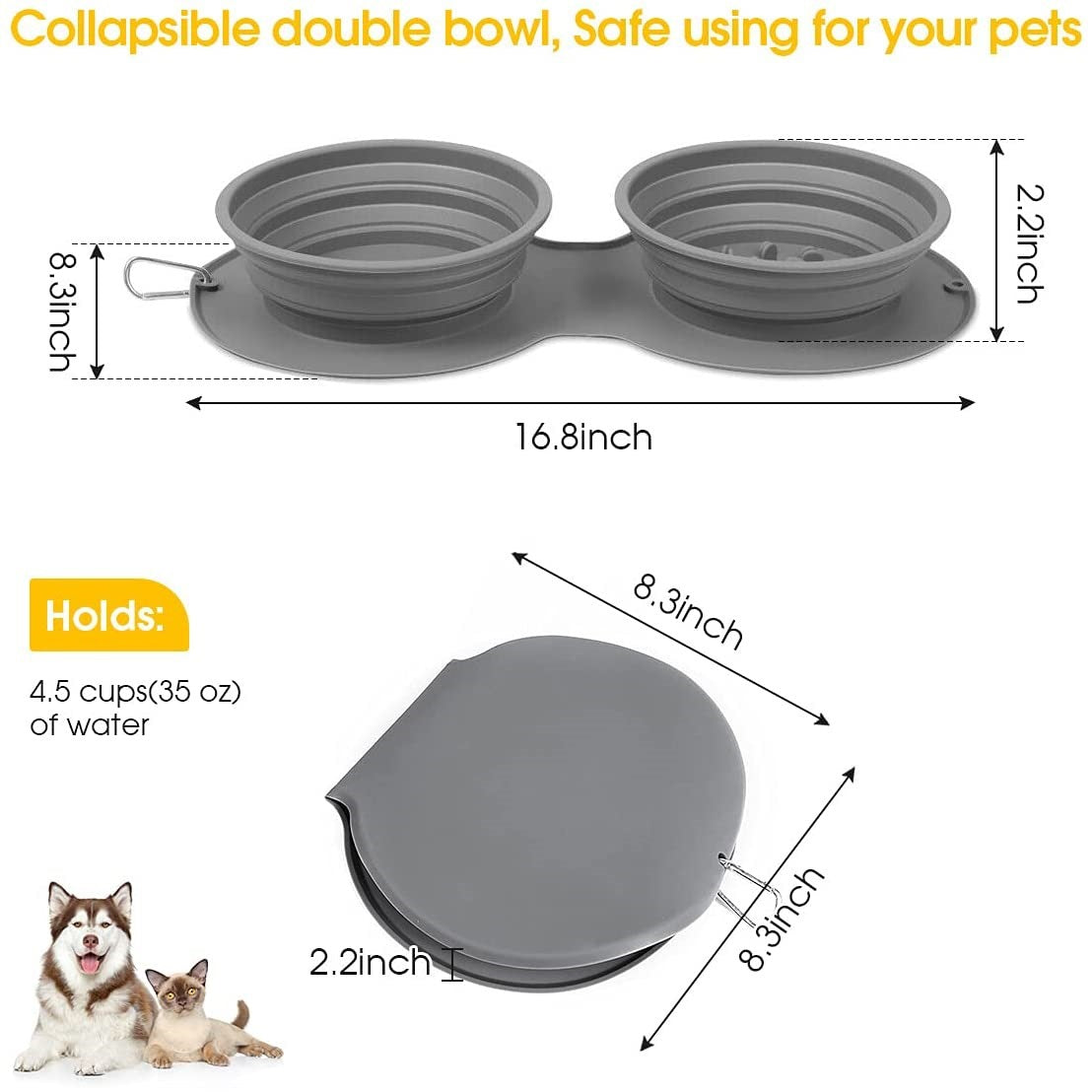 Foldable Silicone cat and dog pet anti-choking double food bowl