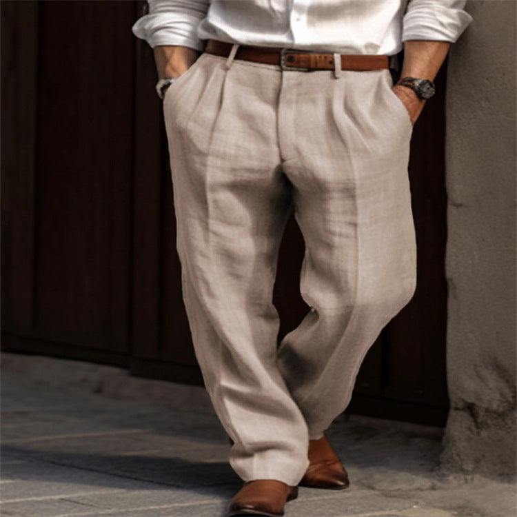 Casual Men's Business Linen Trousers Double Pleated Straight Daily Holiday Pants