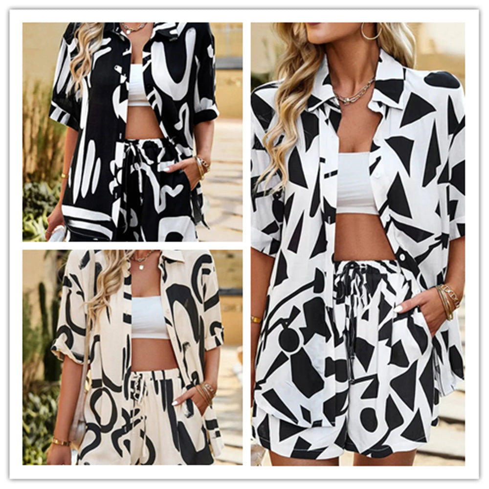 Women's fashion printed loose casual shirt shorts two-piece set