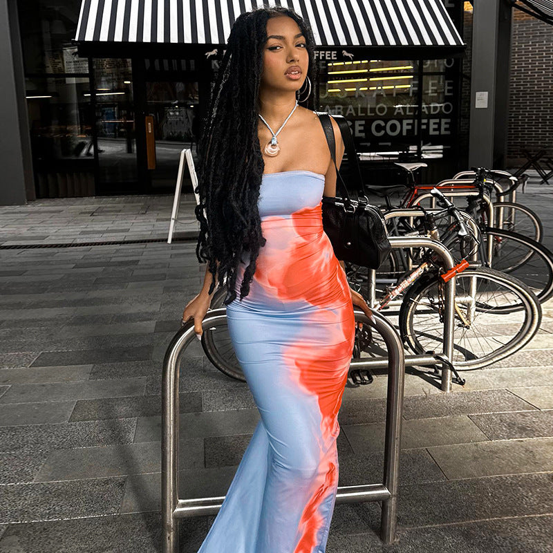 high-end contrasting print tight tube top slit dress