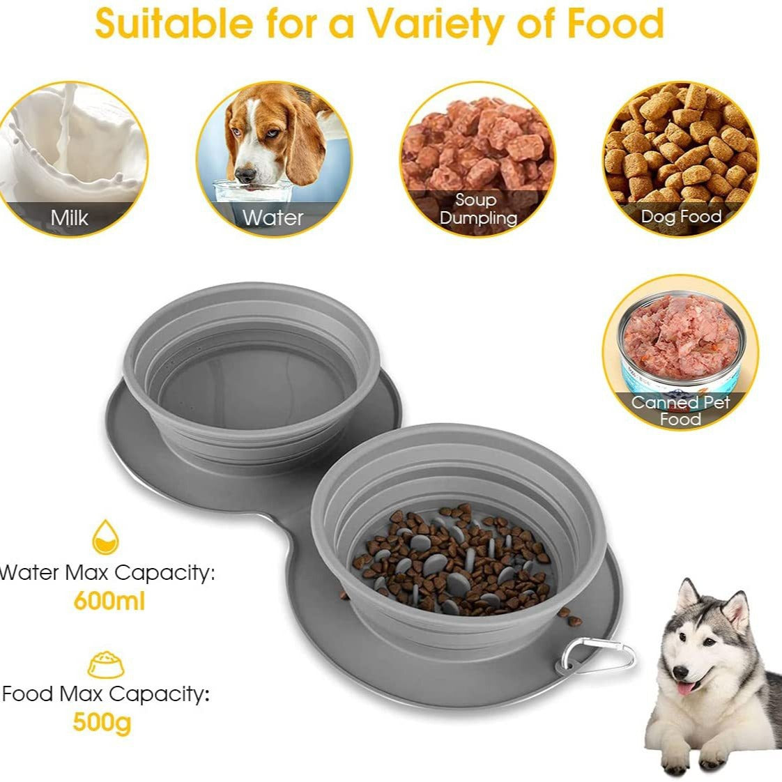 Foldable Silicone cat and dog pet anti-choking double food bowl