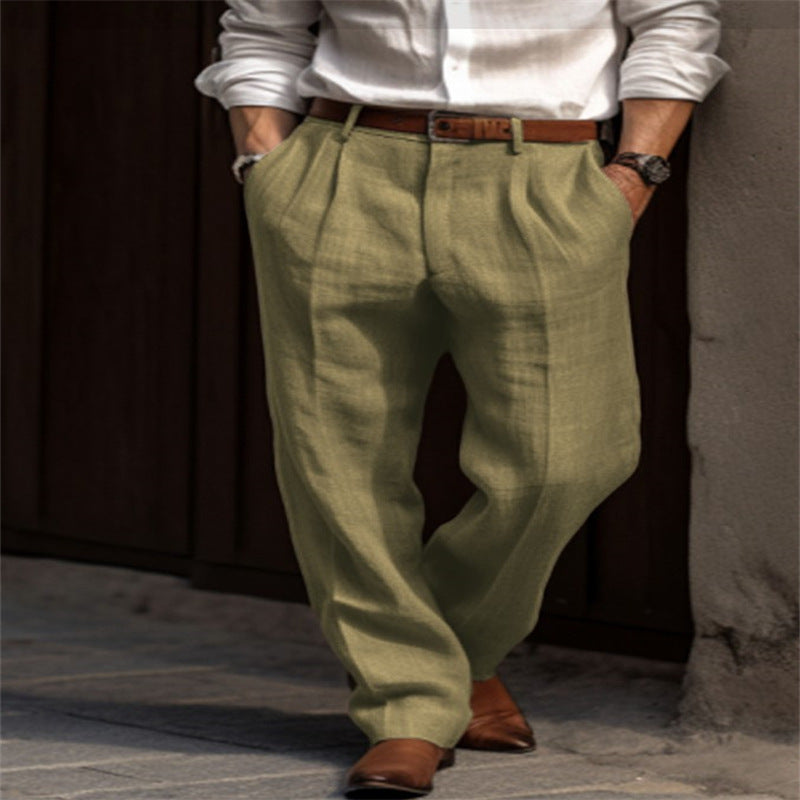 Casual Men's Business Linen Trousers Double Pleated Straight Daily Holiday Pants