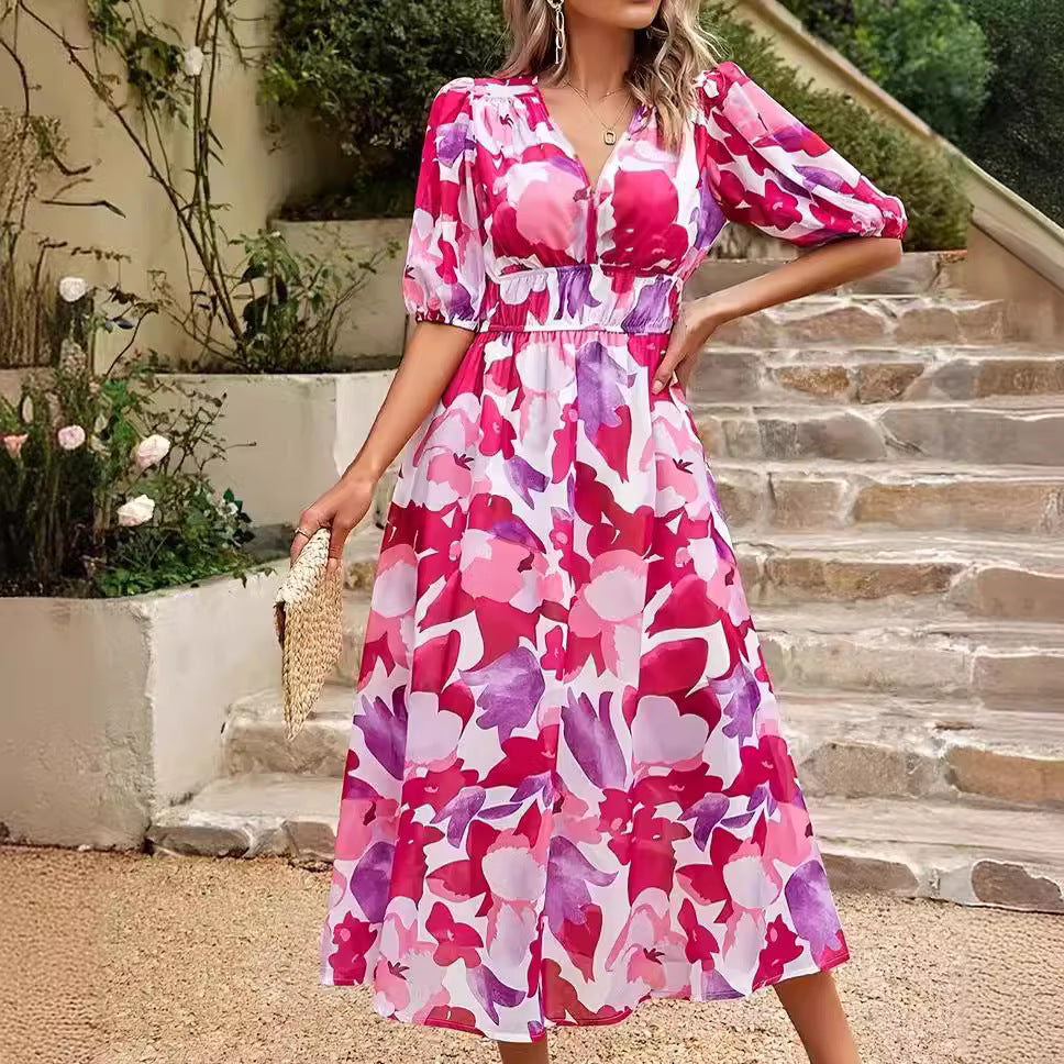 Women's Boho V Neck Casual Midi Dress Watercolour