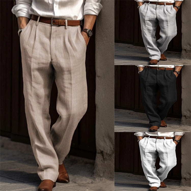 Casual Men's Business Linen Trousers Double Pleated Straight Daily Holiday Pants