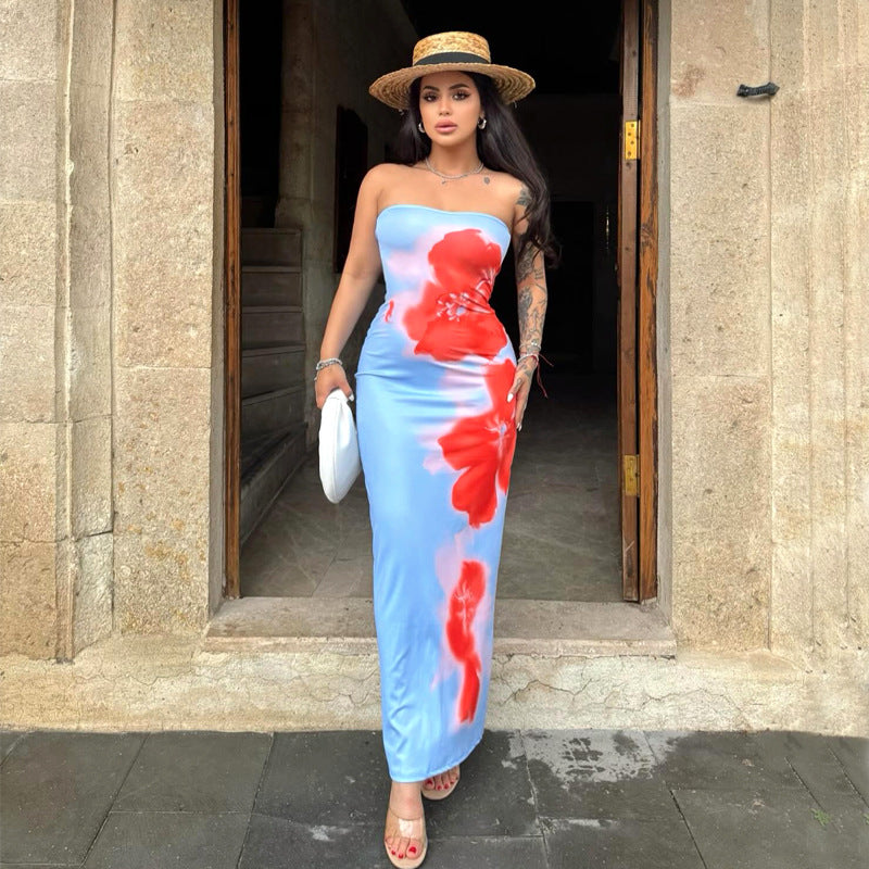 high-end contrasting print tight tube top slit dress