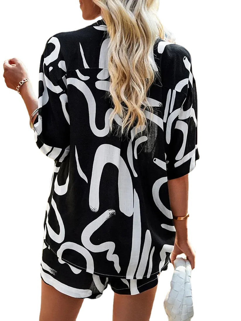 Women's fashion printed loose casual shirt shorts two-piece set