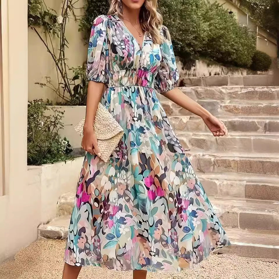 Women's Boho V Neck Casual Midi Dress Watercolour