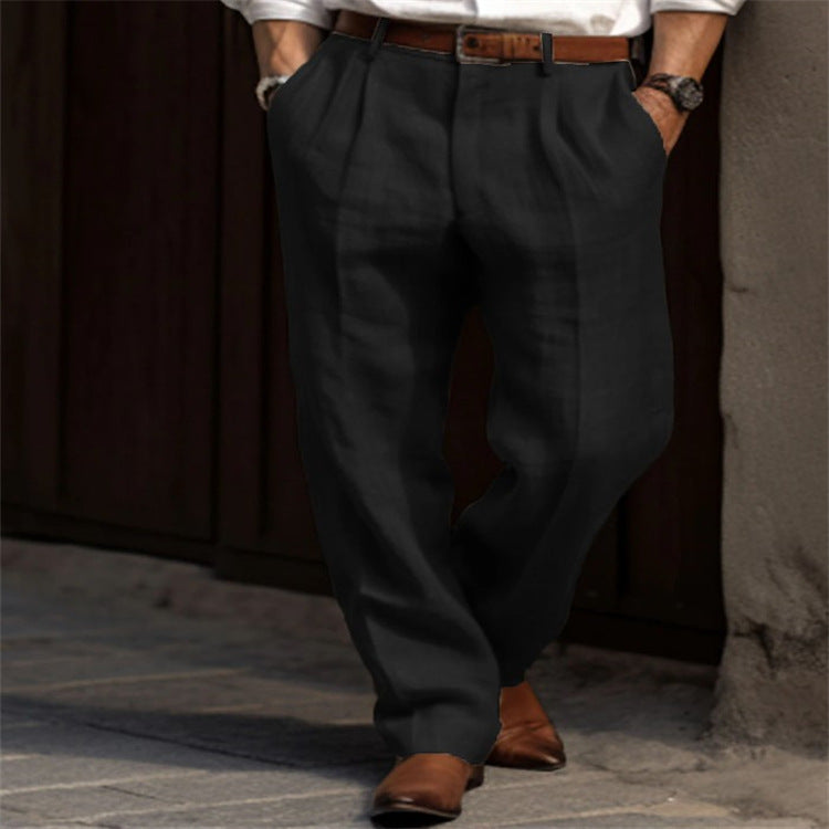 Casual Men's Business Linen Trousers Double Pleated Straight Daily Holiday Pants