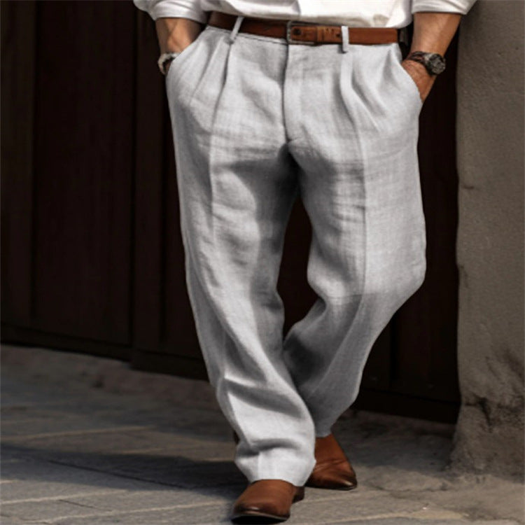 Casual Men's Business Linen Trousers Double Pleated Straight Daily Holiday Pants