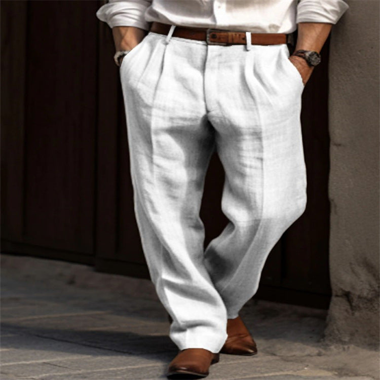 Casual Men's Business Linen Trousers Double Pleated Straight Daily Holiday Pants