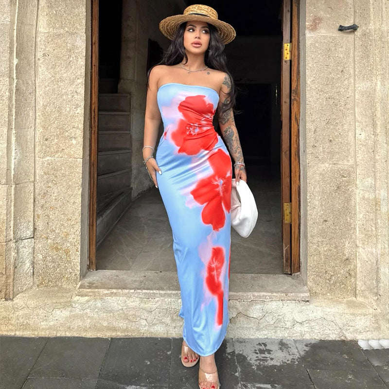 high-end contrasting print tight tube top slit dress