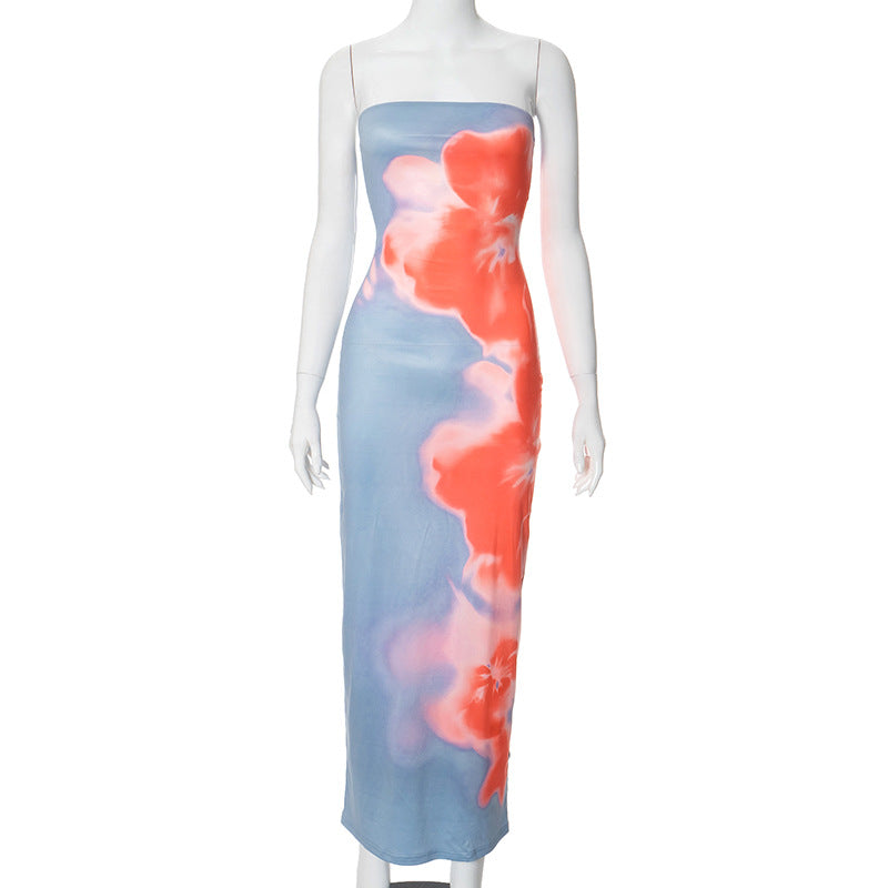 high-end contrasting print tight tube top slit dress