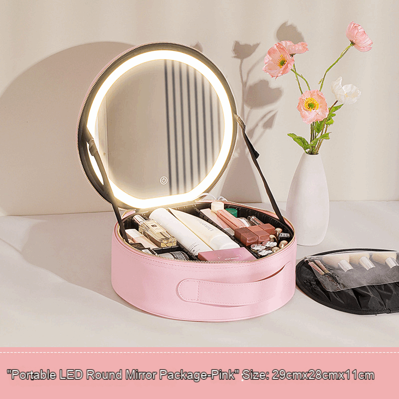 Sakura-pink-round-cosmetic-bag-with-mirror-with-LED-light