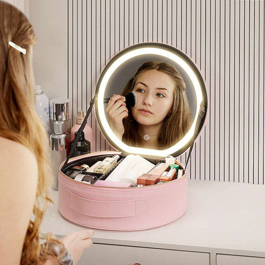 Round cosmetic bag with mirror with LED light