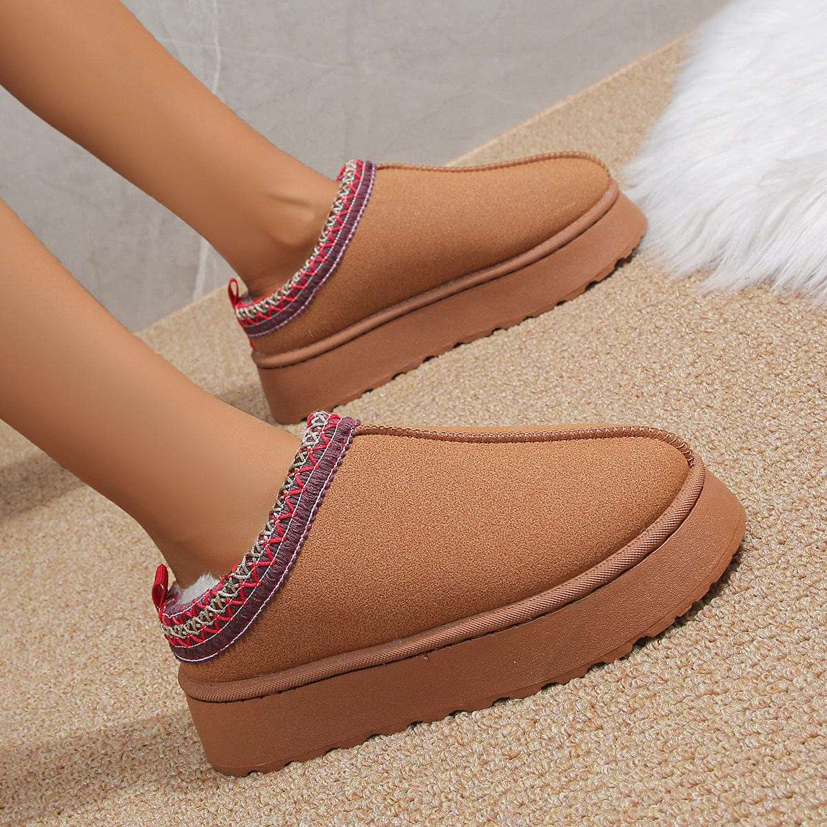 Women Chunky Platform Shoes Short Plush Warm Flats Slippers Woman Faux Suede Cotton Boots