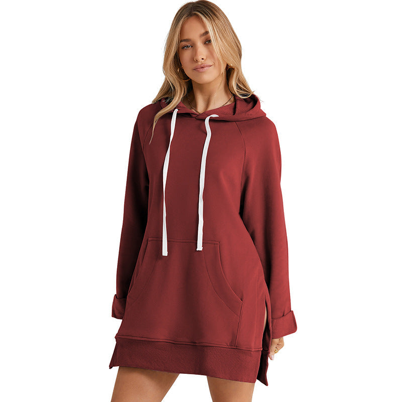 Women-s-Red-drawstring-hooded-sweatshirt-dress